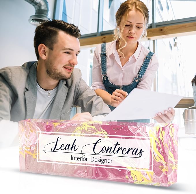 Personalized Name Plate for Desk Custom Acrylic Desk Name Plate Custom Employee Appreciation Gifts Office Gifts for Women, Men, Boss, Coworkers, Teacher, Nurse (Pink Flow Gold)