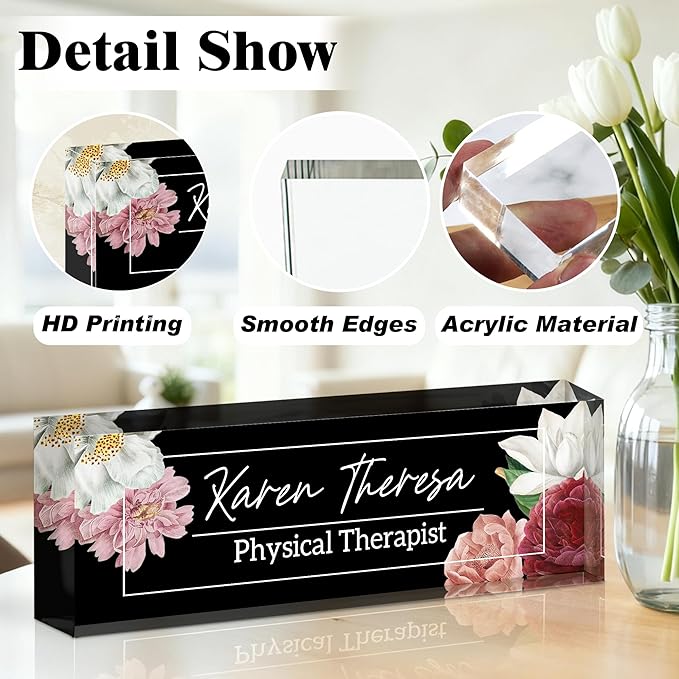 Ship Next Day-Custom Name Plate for Desk, Desk Name Plate Personalized, Acrylic Office Desk Accessories, Appreciation Gifts for Coworkers Employee Teachers Boss Women Men (Hibiscus Flower)