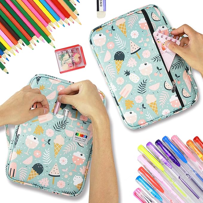 YOUSHARES Colored Pencil Case 220 Slots Pen Case Organizer With Handy Wrap & Zipper, Multilayer Holder for Prismacolor Colored Pencils & Gel Pen (Ice-Cream)