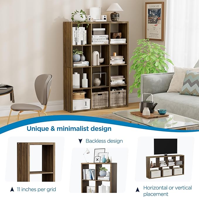 12-Cube Storage Organizer, Wooden Cube Shelf Bookcase with Reinforced Thick Shelves, Heavy-Duty 36.93" L x 9.37" W x 48.82" H, for Living Room Bedroom Home Office, Brown