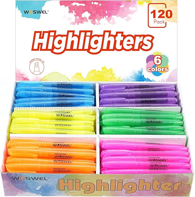WOSWEL Highlighters Bulk, 120 Pack 6 Assorted Colors No Bleed Chisel Tip Highlighter Markers, Teachers Must Have, Office Supplies