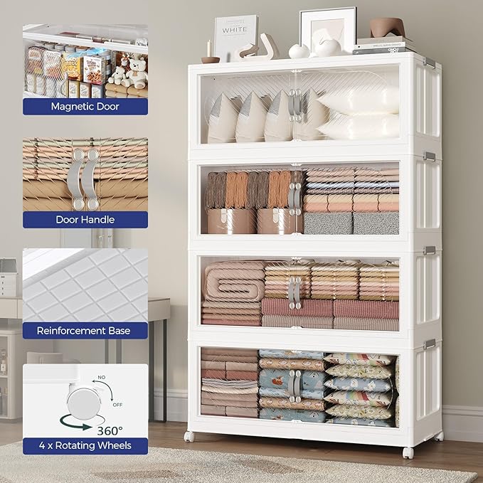 480QT Extra Large Stackable Storage Bins with Lid, 120Gal Plastic Closet Organizers and Storage Drawer, Collapsible Cabinet Box with Wheels Clear Doors for Home Kitchen Office, 3Pack White
