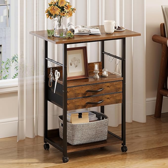 Large Printer Stand with Storage Fabric Drawer Under Desk Printer Table with Wheels for Home Office, Printer Cart fit Fax Machine Scanner (Rustic Brown, 3 Tiers)