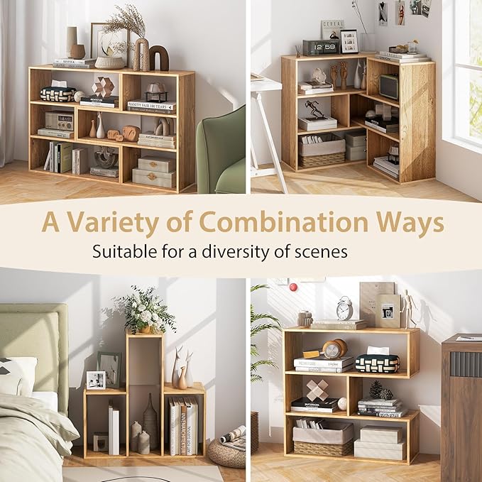 Tangkula 6 Cubes Bookcase, 2-Piece Separable Floor Standing Open Horizontal Bookshelf, Multifunctional Display Storage Shelf for Living Room Study Office (Natural, 6-Cube)