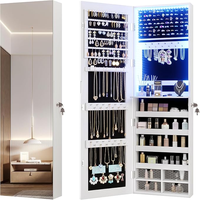 Vlsrka 47.2" LED Jewelry Mirror Cabinet, Wall/Door Mounted Jewelry Armoire Organizer with Full Length Mirror, Large Storage Hanging Cabinet, 4 Drawers, 5 Shelves (White)