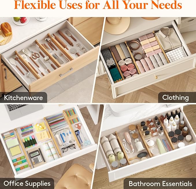 Lifewit 6 Pack Bamboo Drawer Dividers 2.4" High, 17.5-22" Kitchen Drawer Organizers, Adjustable Wooden Drawer Dividers for Clothes, Expandable Drawer Separators for Dresser, Bedroom, Bathroom, Cabinet