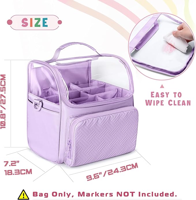 Large Marker Organizer Case for 180 Markers, Marker Storage Bag for Markers, Paint Brushes, Colored Pencils or Other Art Supplies with Dividers and Shoulder Strap (Purple)