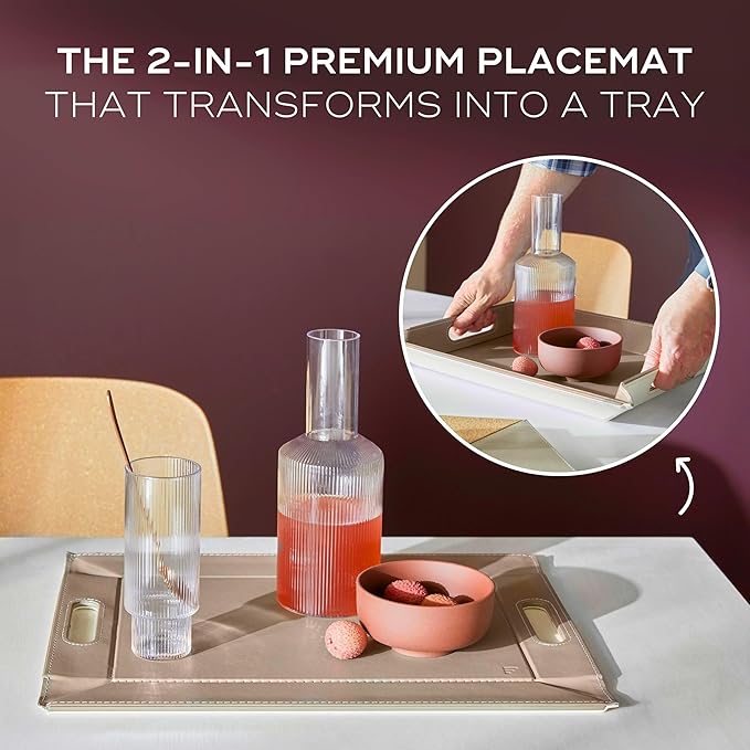 PLACEsMAT 2-in-1 Faux Leather Placemat & Serving Tray | Reversible Design, Lays Flat & Easy to Clean | Ottoman Food Tray, Housewarming Gift, 18” x 14” (Teal & Anthracite Grey, Set of 4)