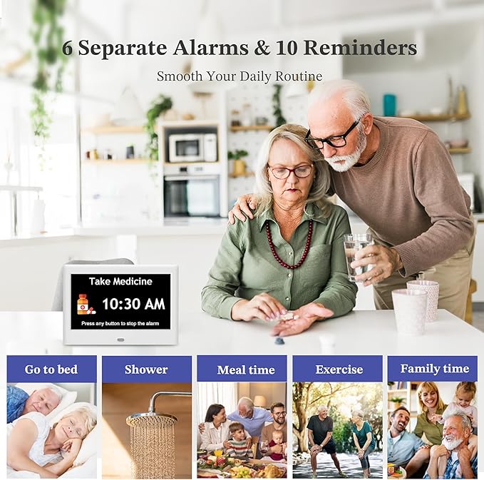7'' Dementia Clock For Seniors, Large Display Digital Clock With Date, Time, Day Of Week for Elderly, Alzheimer, 1024*600P HD, 10 Reminders & 8 Alarms, Auto Dimming & DST, Remote Control, White