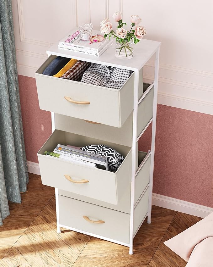 Crestlive Products Vertical Dresser Storage Tower - Sturdy Steel Frame, Wood Top, Easy Pull Fabric Bins - Organizer Unit for Bedroom, Hallway, Entryway, Closets - 5 Drawers(Beige)