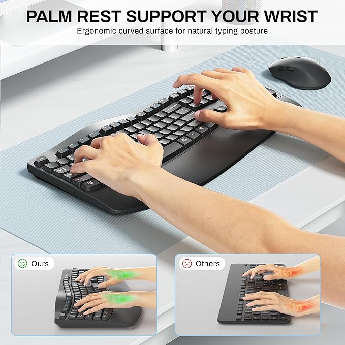 Wireless Keyboard and Mouse Combo,2.4G Full Size Wave Keys Ergonomic Keyboard with Wrist Rest for Natural Typing, 3 DPI Adjustable Ergonomic Silent Mouse for Computer/Laptop/Windows/Mac (Gray)