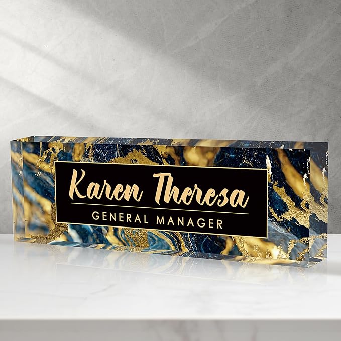 Custom Office Name Plate, Personalized Gifts for Men, Appreciation Gifts for Employees - Office Desk Accessory (Black Gold Marble)