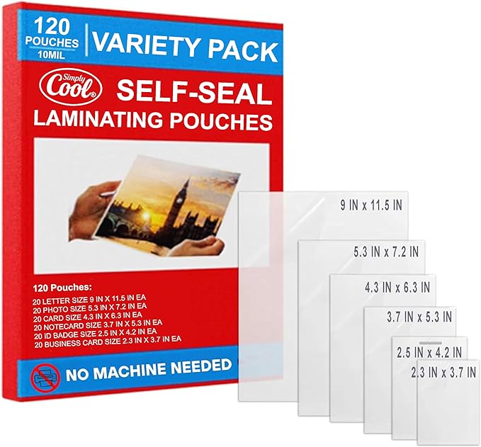 10mil Self-Adhesive Cold Laminating Sheets (120 Variety Count) Letter, Photo, Card, Notecard, I.D. Badge and Business Card Sizes. No Heat, No Machine needed, Easy Self-Sealing Pouches