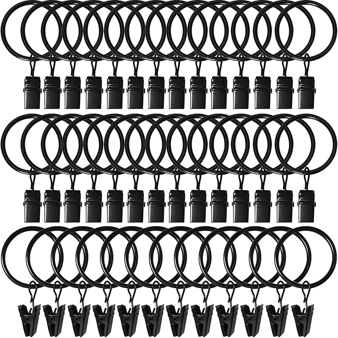 LLPJS 40 Pack Curtain Rings with Clips, Curtain Clip Rings Hooks, Bow Hanger Clips for Hanging Drapery Drapes Bows, Ring 1.26 inch Interior Diameter, Fits up to 1" Rod, Black