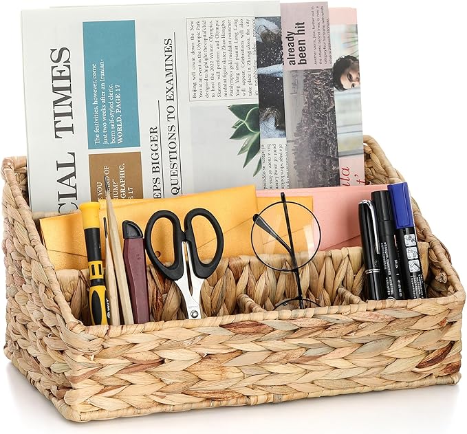 Desk Organizer – Countertop Mail Organizer, Magazine Holder, Boho Decor Water Hyacinth Desk Mail Holder for Home Office, Farmhouse, 12.6" L x 6.7" W x 6.3" H