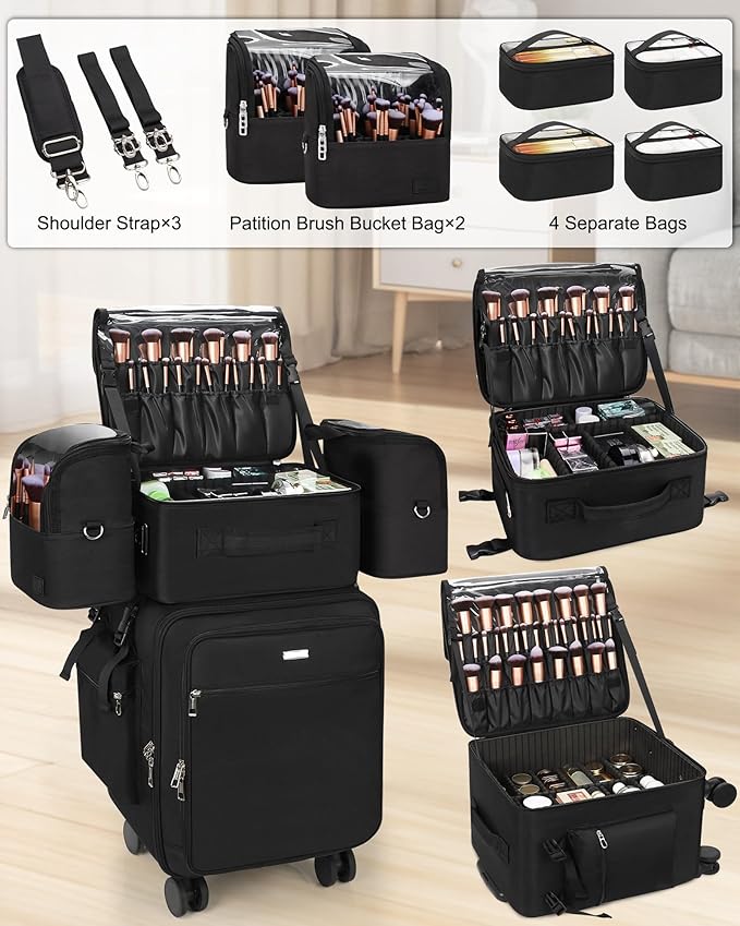 Relavel Rolling Makeup Case Professional Makeup Train Case,Makeup Artist Travel Bag with Wheels,8-in-1 Portable Travel Beauty Trolley Case for Cosmetology Storage(Black)
