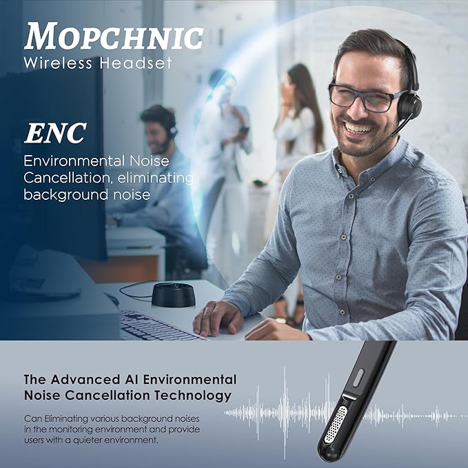 Mopchnic Bluetooth Headset, Wireless Headphone with AI Noise-Canceling Microphone On Ear Wireless Headset with USB Dongle for Computer Office