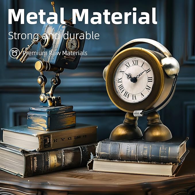 YOUKI Vintage Robot Table Clock on Stand, Decorative Desk and Shelf Clock, Rustic Mantel Farmhouse Silent Non-Ticking,Battery Operated Table Top for Living Room,Musical Gift,Metal