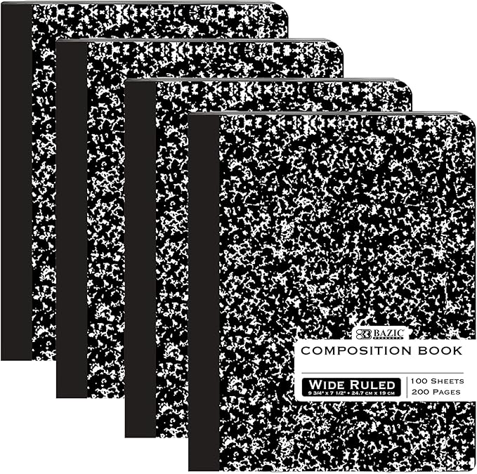 BAZIC Products Composition Notebook Wide Ruled - 100 Sheets, Black Marble Composition Notebook with Durable Cover, Non-Spiral for Journaling, School, Home, or Office, 4-Packs