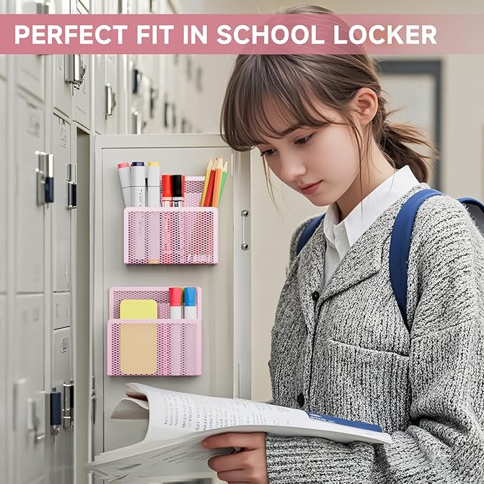 Marbrasse Magnetic Dry Erase Marker Holder, Mesh Pen Holder for Whiteboard，Magnet Pencil Organizer Storage for Refrigerator Locker Accessories Organizer for Home, School and Office(Pink)