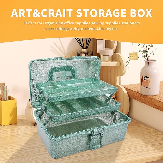12.2inch 3-Layer Art & Craft Storage Box, Beautiful Sewing Supplies Organizer, Plastic Portable Tackle Boxes, Multipurpose Container for Art Supply Cosmetics Hair Accessories Painting Tools (Green)