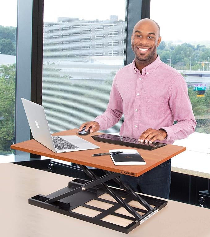 Stand Steady X-Elite Pro, Ergonomic Adjustable Height Standing Desk Converter for Home or Office, Easy Lift Sit to Stand Laptop Desk Riser for Laptop and Computer Monitor (Cherry, 28in x 20in)