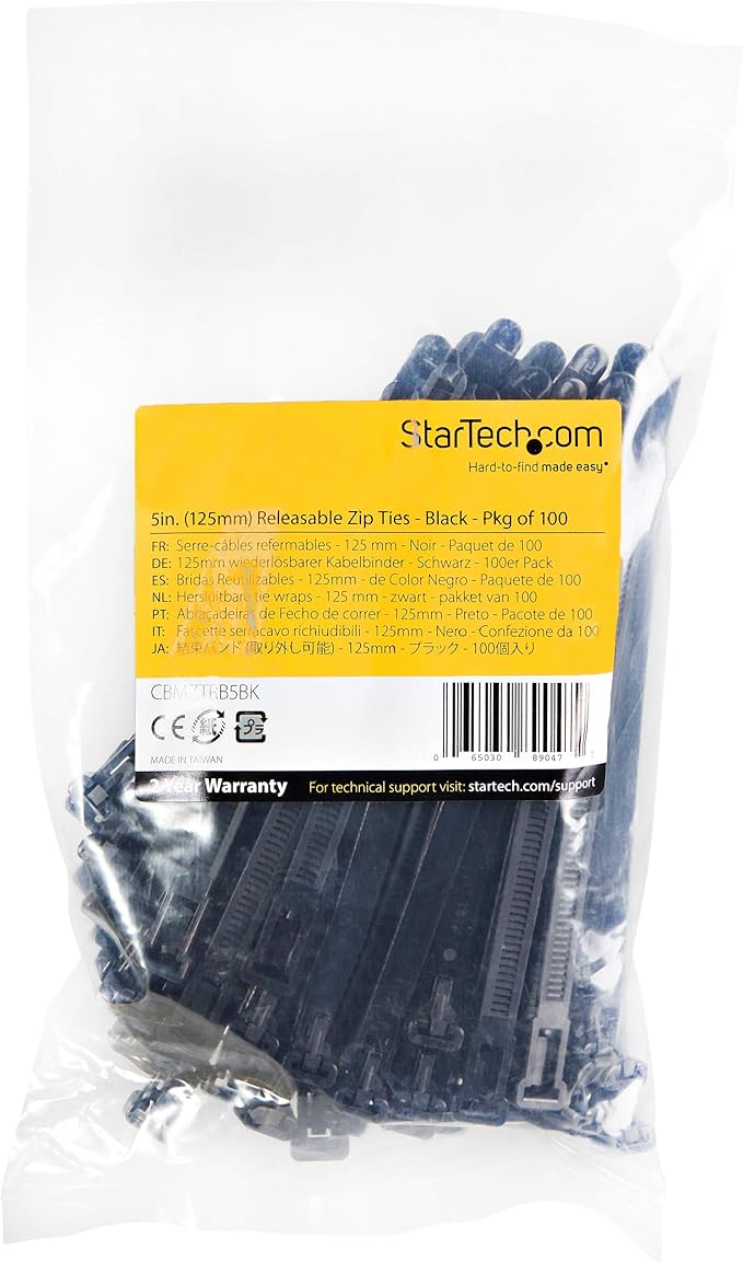 StarTech.com 5"(12cm) Reusable Cable Ties - 1/4"(7mm) Wide, 1-1/8"(30mm) Bundle Dia. 50lb(22kg) Tensile Strength, Releasable Nylon Ties, Indoor/Outdoor, 94V-2/UL Listed, 100 Pack - Black, TAA
