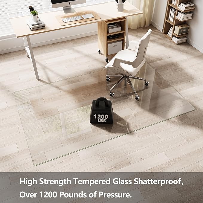 Koonmi Glass Chair Mat for Carpet, 40"x80" Tempered Glass Office Chair Mat, Glass Floor Mats with Rounded and Polished Edges, Desk Chair Mats with 4 Anti-Slip Pads for Hardwood Floor, Carpet