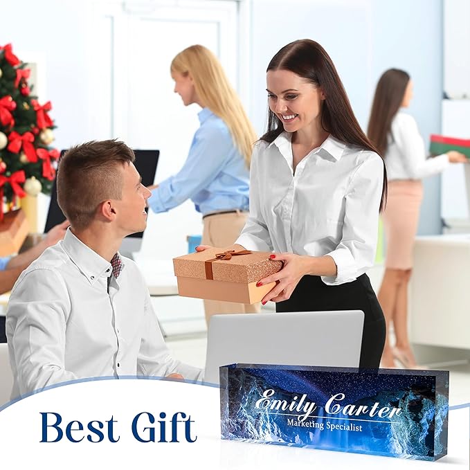 Custom Desk Name Plate Personalized, Acrylic Name Plates for Desk, Office Decor Personalized Gifts for Teacher Coworkers Boss Nurse (Glittering Blue Sea)