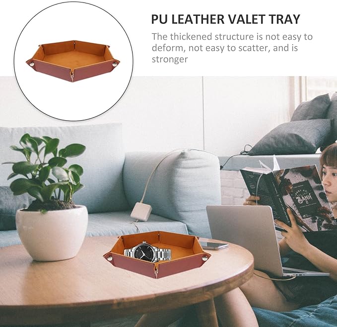 PU Leather Folding Valet Tray Small Jewelry Catchall Organizer for Desktop Storage Brown Compact Desk Tray for Home Office and Bedroom Sundries Management