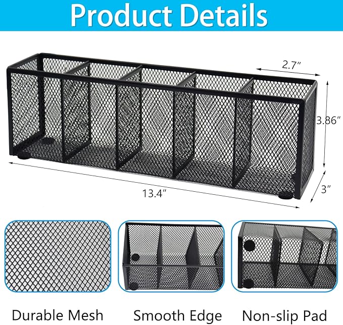 Black Mesh Pen Pencil Holder, Small Metal Desk Organizer Desktop Stationery Office Supplies Acessories Storage Stand, 5 Compartments Brushes Holder for Home School Classroom Teachers
