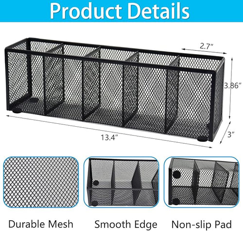 2PCS Black Mesh Pen Pencil Holder, Small Metal Desk Organizer Desktop Stationery Office Supplies Acessories Storage Stand, 5 Compartments Brushes Holder for Home School Classroom Teachers