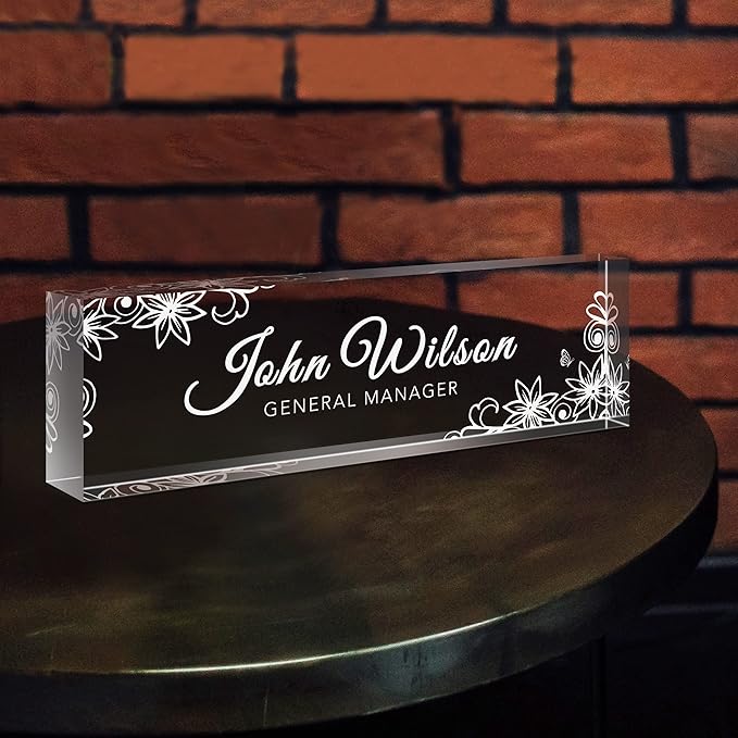 Personalized Desk Name Plate, Custom Acrylic Glass Name Plates for Desks, Office Desk Decor Nameplate, Desk Accessories, Teacher Boss Coworkers Employee Appreciation Gift (Engraved Flower 3)