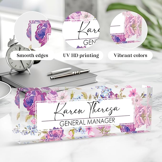 Custom Office Name Plate, Personalized Gifts for Women & Men, Appreciation Gifts for Employees, Boss, Teacher - Office Desk Accessory (Purple Hydrangea Flower)