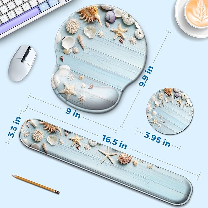 Mouse Pad and Keyboard Wrist Rest Support, with Non-Slip PU Base,Gel Mouse Pad with Coaster,Pain Relief for Gaming, Computer,Office -Seashell