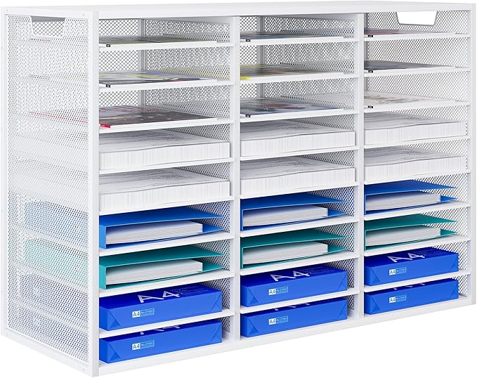 Mail Sorter Adjustable Countertop Mail Holder, Heavy Duty Literature Organizer, Student Mailbox for Classroom, Desktop Bill Paper Organizer for Office Home School, 27 Compartments, White