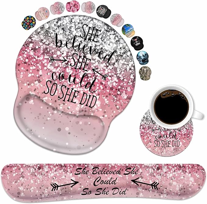 Keyboard Wrist Rest and Mouse Pad Wrist Support Set with Coasters, She Believed She Could So She Did Inspirational Quote Wrist Mouse Pad with Non-Slip PU Base for Computer Laptop Home Office