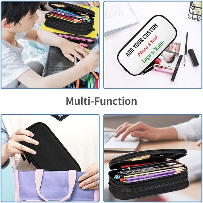 Custom Pencil Box with Photo/Text/Name, Personalized Pencil Case for Kids Boys Girls, Big Capacity Canvas Storage Pouch Marker Pen Bag Stationery Organization Bag for Office School