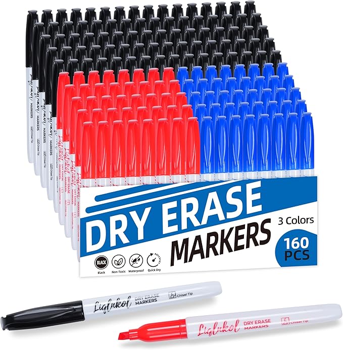 LiqInkol Dry Erase Markers Bulk 160 Pack 3 Assorted Colors, Chisel Tip Whiteboard Markers for Home and Office，Pens of 80 Black 40 Red and 40 Blue.