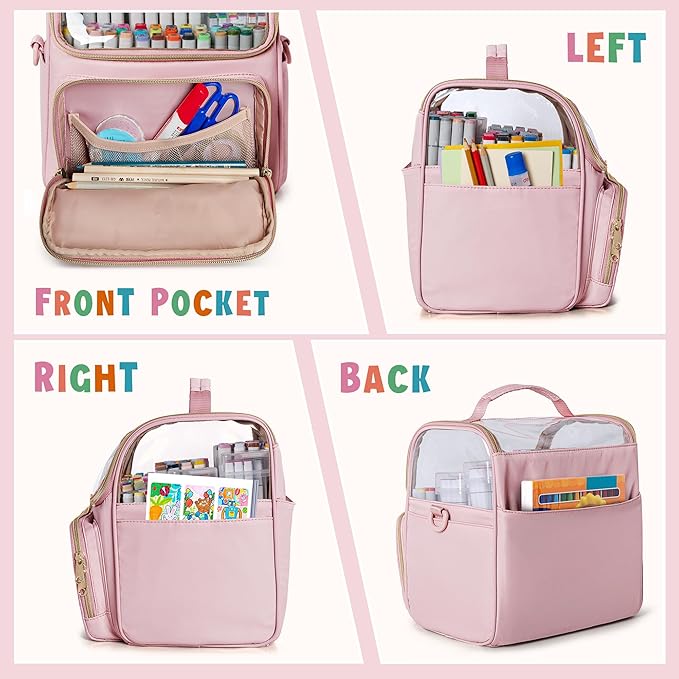Large Marker Organizer Case for 180 Markers, Marker Storage Bag with Dividers and 4 Pockets for Paint Markers, Paint Brushes, Colored Pencils or Other Art Supplies, Pink (Patented Design)