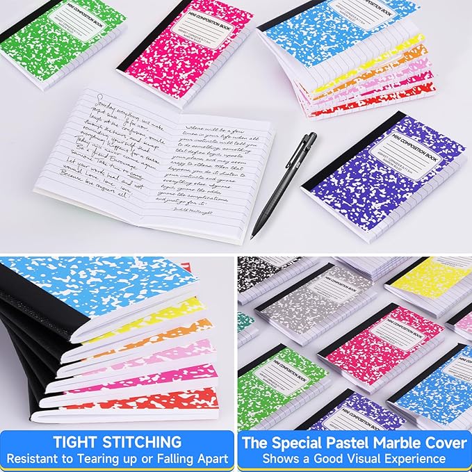 UZLU 48 Pack Mini Composition Notebooks Bulk College Ruled Half Composition Notebook Narrow Ruled Small Pocket Marble Journal 12 Color-4.5" x 3.25"-60 Sheets for Students Office School Supplies
