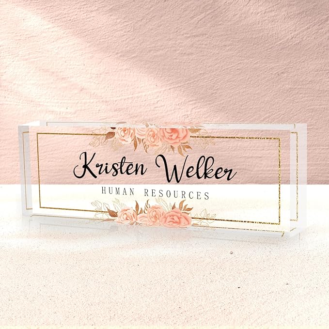 Custom Name Plate for Desk, Desk Name Plate Personalized, Office Decor for Women Men, Acrylic Desktop Accessories, Office Gifts for Coworkers Boss Teacher, Employee Appreciation Gifts (Flowers D)