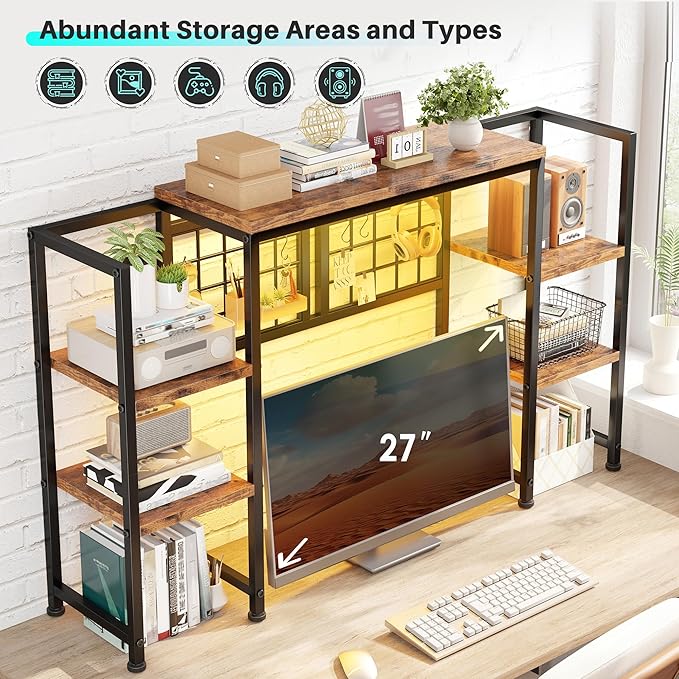 REIBII Desk Shelf with LED Light Strip,Adjustable 45.1" Desk Hutch Dorm with 5 Tier Display Shelf Rack,Desktop Bookshelf with Grid Panel & Hooks for Home, Office and Dorm, Rustic Brown