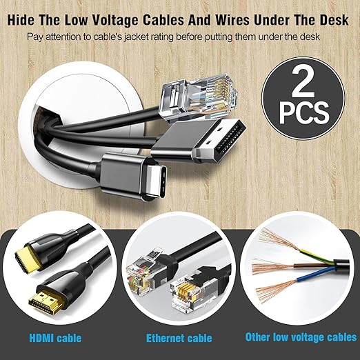 2" Spring Desk Grommet, JTemgle Plastic Cable Hole Cover Computer Table Cord Wire Organizer Caps Desktop Cord Management for Home Office TV Stands Tabletops - White, 2 Pcs