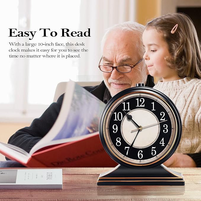 AYRELY® Vintage Desk Clock Silent-Non-Ticking 10-inch dial Table Clock,Retro Mantel Clocks and Easy to Read for Living Room, Bedroom, Shelf Decoration, Fireplace, Farmhouse Decor (Black)