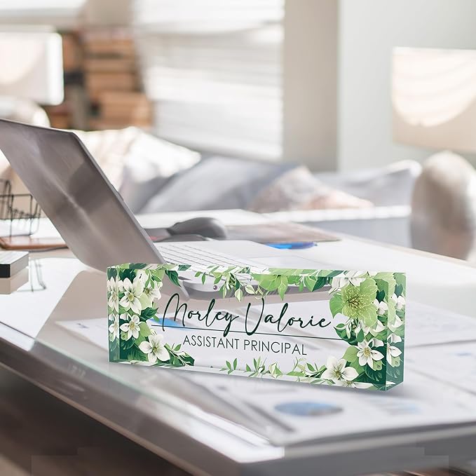 Custom Name Plate for Desk | Personalized Desk Name Plate | Personalized Boss Employee Appreciation Gifts | Acrylic Name Plate Office Desk Accessories (B-Green Flower)
