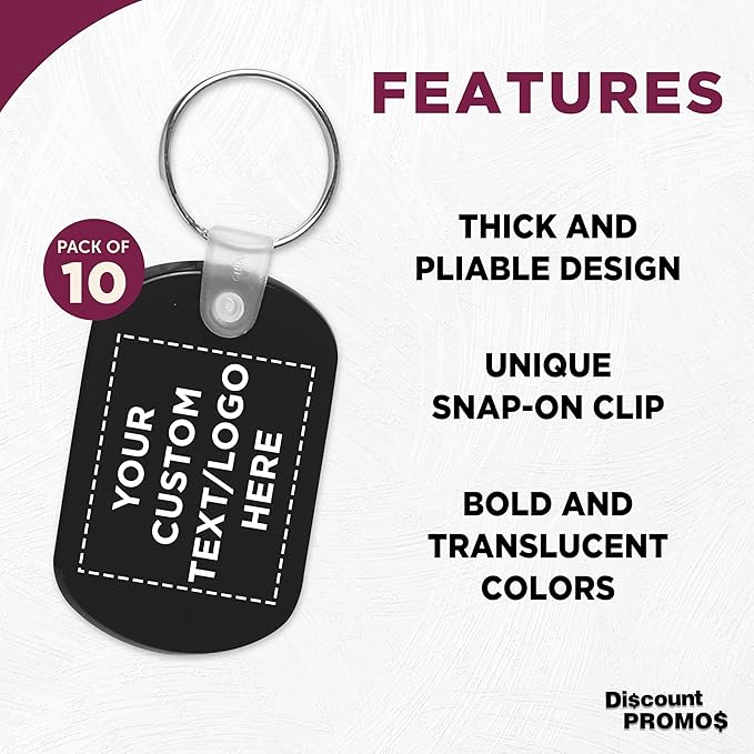DISCOUNT PROMOS Tag Soft Plastic Keychains - 10 pack - Customizable Text, Logo - Small Key Tag Chain For Staying Organized - Rubber Key Ring Keychain – Black