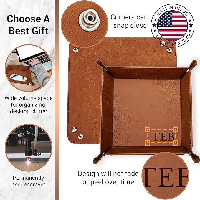 Personalized Valet Tray, Custom Engraved Leather Keys Tray for Men - Catchall Tray Organizer for Entryway Table, Unique Dad Birthday Gift from Daughter Son, Father Day (Monogrammed)