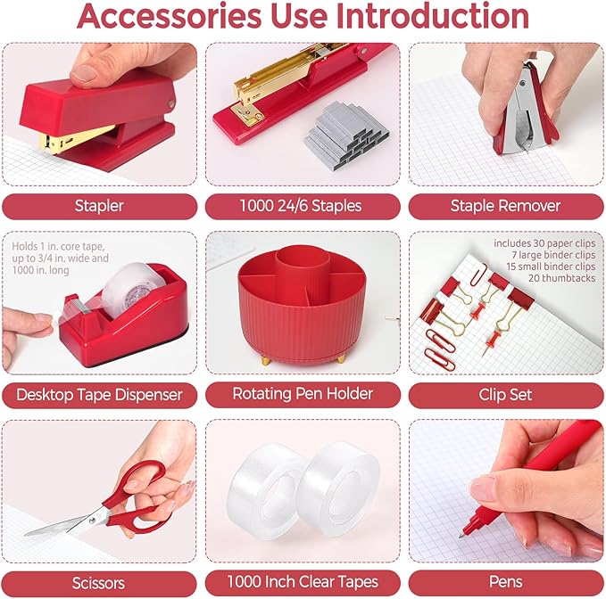 SKYDUE Red Office Supplies Set, Pencil Holder for Desk, Stapler, Tape Dispenser, Scissors,Clips and 1000pcs Staples, Office Decor for Women, Red Desk Accessories