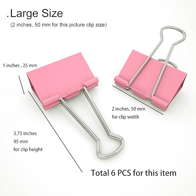 Nctinystore Pink Binder Clips Large (Jumbo) Metal Clamp 2 inch / 50 mm (Pink, 6-PCS)